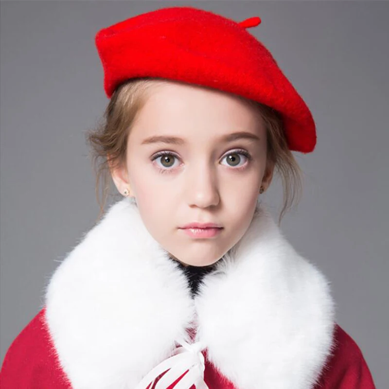 

Fashion Girls Spring-Winter Berets, Artist'S Hat, Stylish Hat, Children Woolen Vintage Berets, One-Color Hat, Warm Comfort Hats
