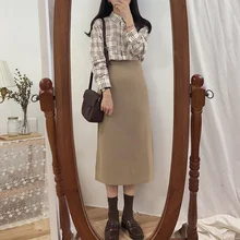 Однотонная женская юбка до середины икры, винтажная весенне-летняя прямая юбка, длинная Офисная Женская юбка с высокой талией, женские юбки черного и коричневого цветов