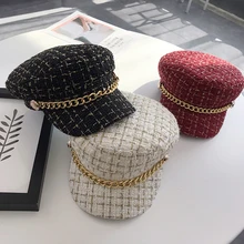 Осенне-зимние шерстяные военные береты с цепочкой для женщин, женская армейская Кепка на плоской подошве, шапка-слюнявчик для девушек, женские дорожные береты, шапка для художников BLM101