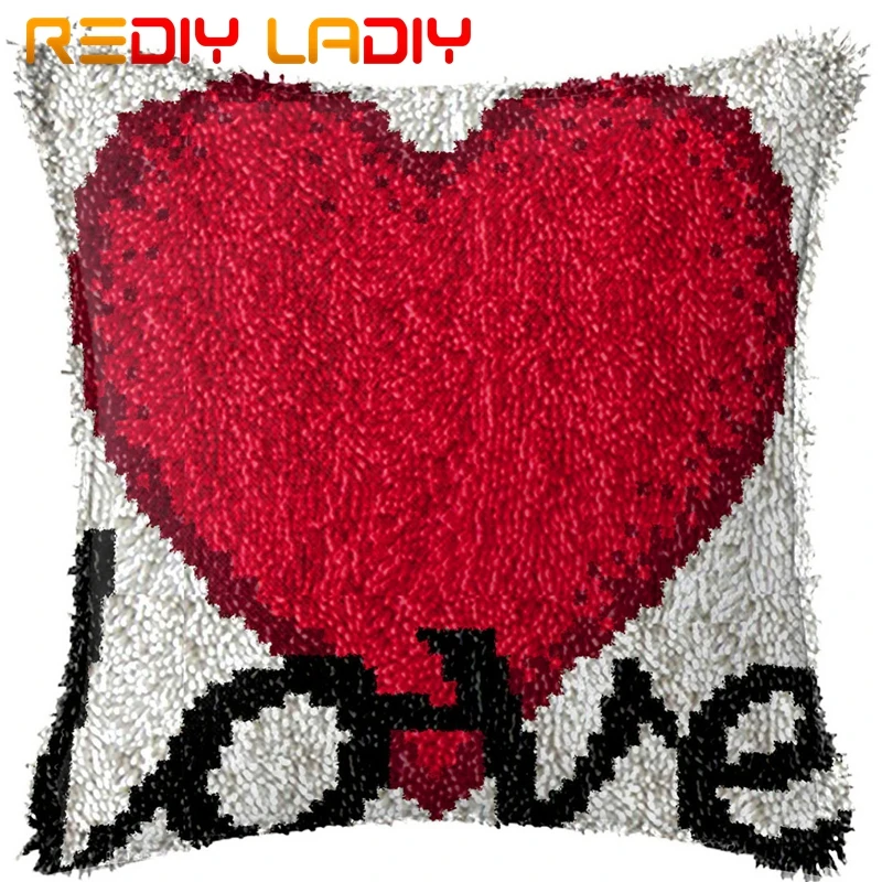 Latch Hook Kits Make Your Own Cushion Big Red Love Pre-Printed Canvas Crochet Pillow Case Latch Hook Cushion Cover Arts& Crafts