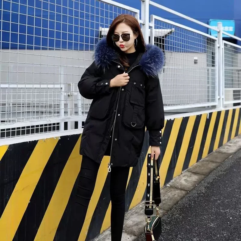 ##BUY Ladyfirsy Winter Cotton Jacket New Korean Female Loose Thicken Large Fur Collar Long Tooling Jacket Elegant Warm Coat Wholesale