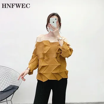 

pleated color block patchwork tops 2020 summer new temperament Japanese fold t-shirt for famale big size irregular Y502