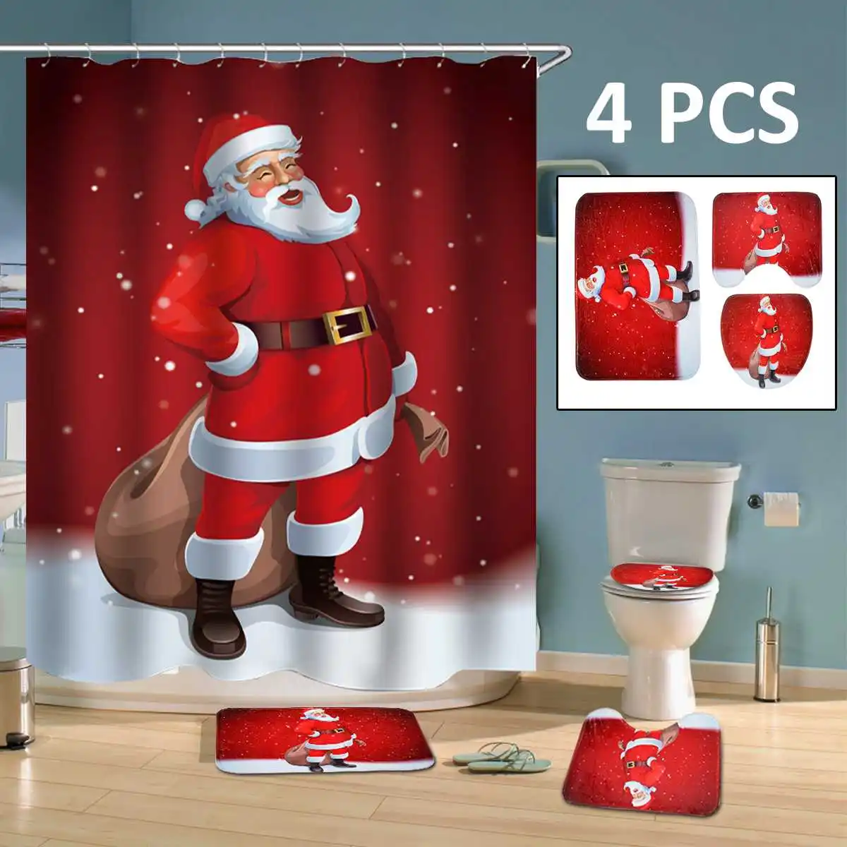 US Merry Christmas Shower Curtain Bathroom Anti-slip Rug Toilet Cover Mat Set 
