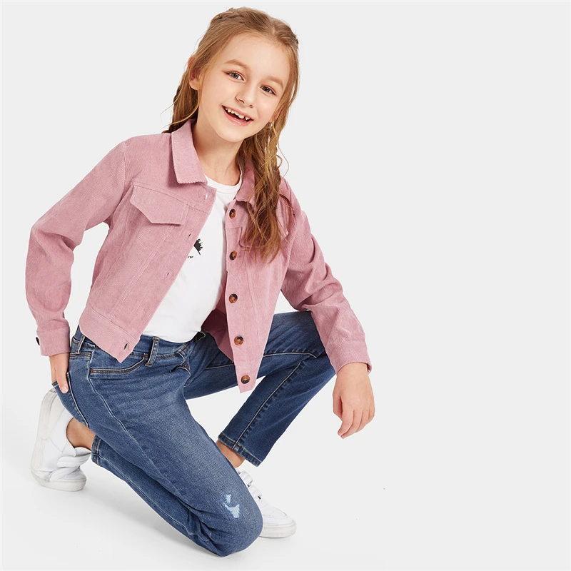 SHEIN Kiddie/Розовая однобортная куртка на пуговицах для девочек, пальто для подростков, коллекция года, осенние куртки с отложным воротником