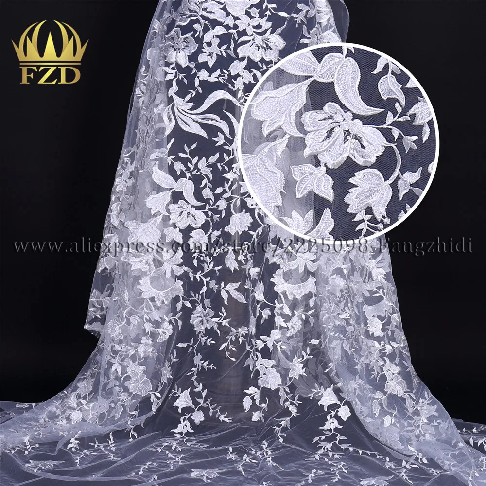FZD Net Embroidered Flower polyester embroidered lace fabric material bridal white color for Wedding dress 1yard*132cm | Дом и сад