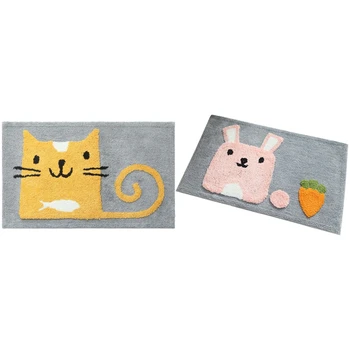 

2Pcs Bathroom Door Mat Cartoon Kitchen Carpet Flocking Mats Doormat Anti-Slip Floor Rugs Mat S - Cat & Rabbit