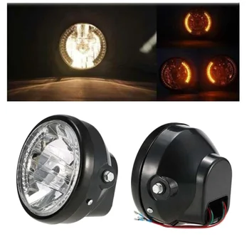 

Motorcycle Retro Style Headlights With Bracket 7-Inch Angel Halo Steering Turn Black ABS Shell Signal Light Dual Light Option