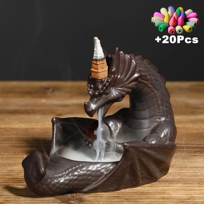 

Gift 20Pcs Incense Cones Dragon Incense Burner Handmade Craft FengShui Ball Ceramic Censer Home Decor Offfice Ornament Ashtray