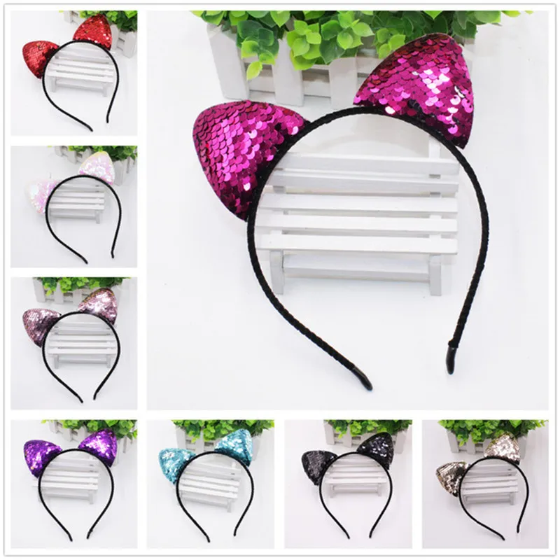 

Glitter Can flip Sequins Cat Ear Girl Hairband Headband Hair Hoop for Girls Women Cat Ear Hair Bands Halloween Headdress Gifts