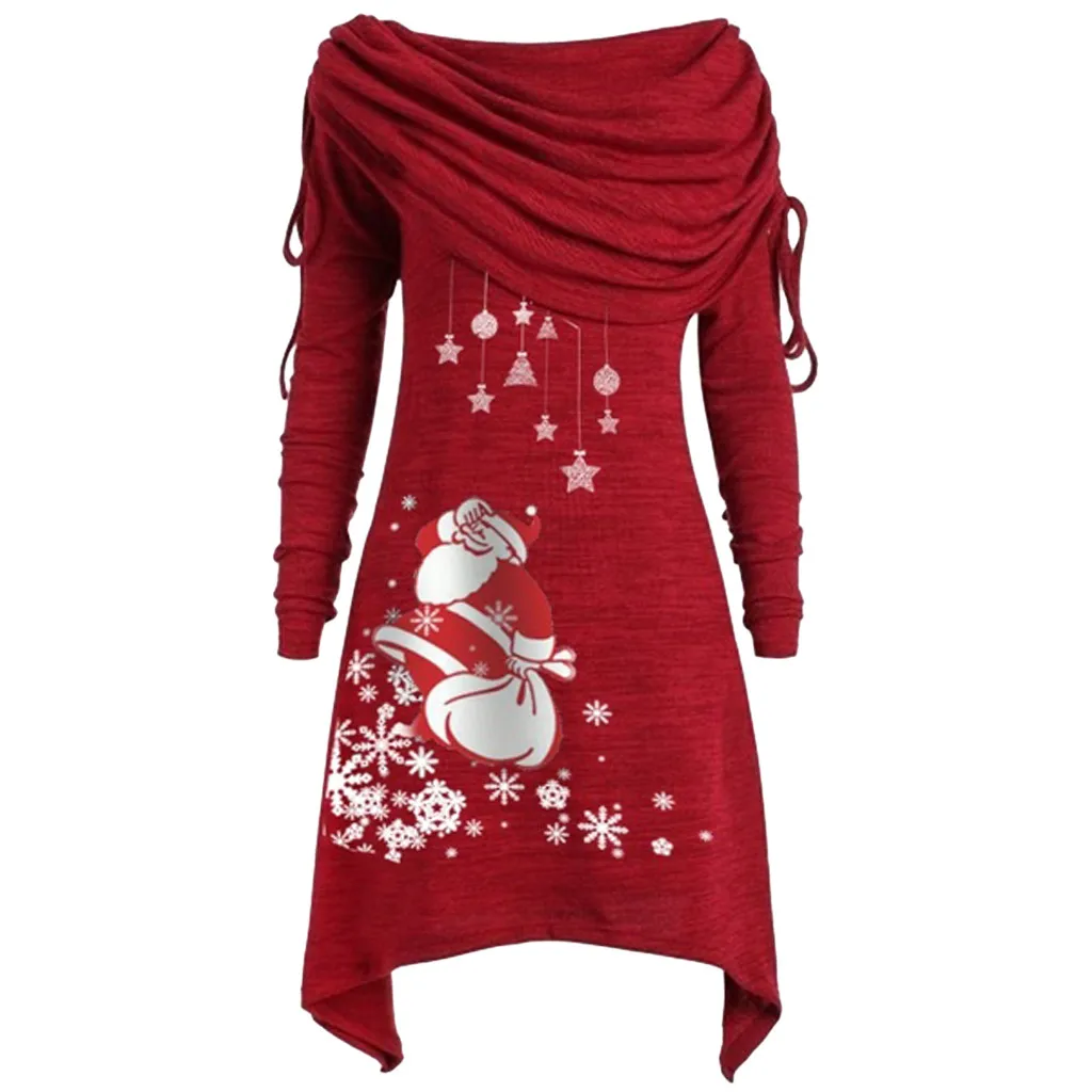 Рождественское зимнее платье размера плюс 5xl повседневное Черное женское мини-платье с принтом и длинным рукавом элегантное женское мини-платье с круглым вырезом и рюшами - Цвет: Красный