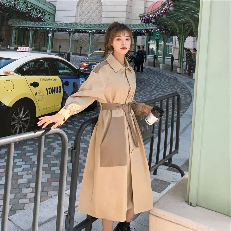 

Photo Shoot Contrast Color Joint Trench Coat Women's 2020 Spring New Style Mid-length over-the-Knee Waist Hugging Loose-Fit Coll