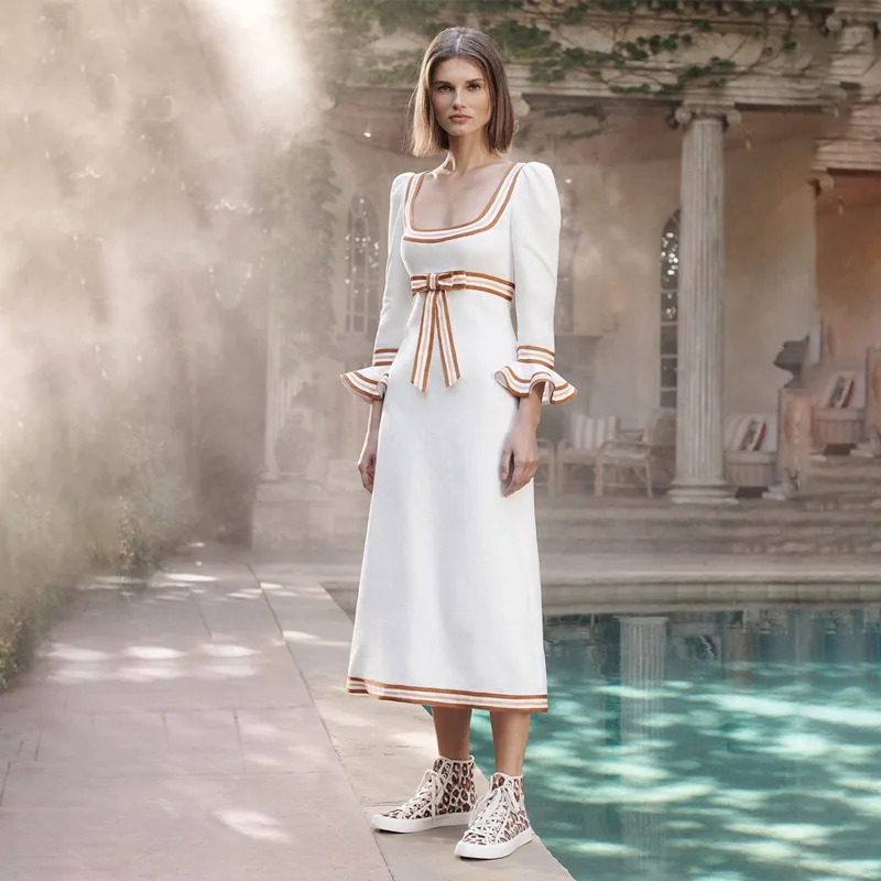 

Runway Women Maxi Long Dress Striped Patchwork Bow High Waist Square Collar Feminine Elegant Slim Flare Sleeves Party Vestidos