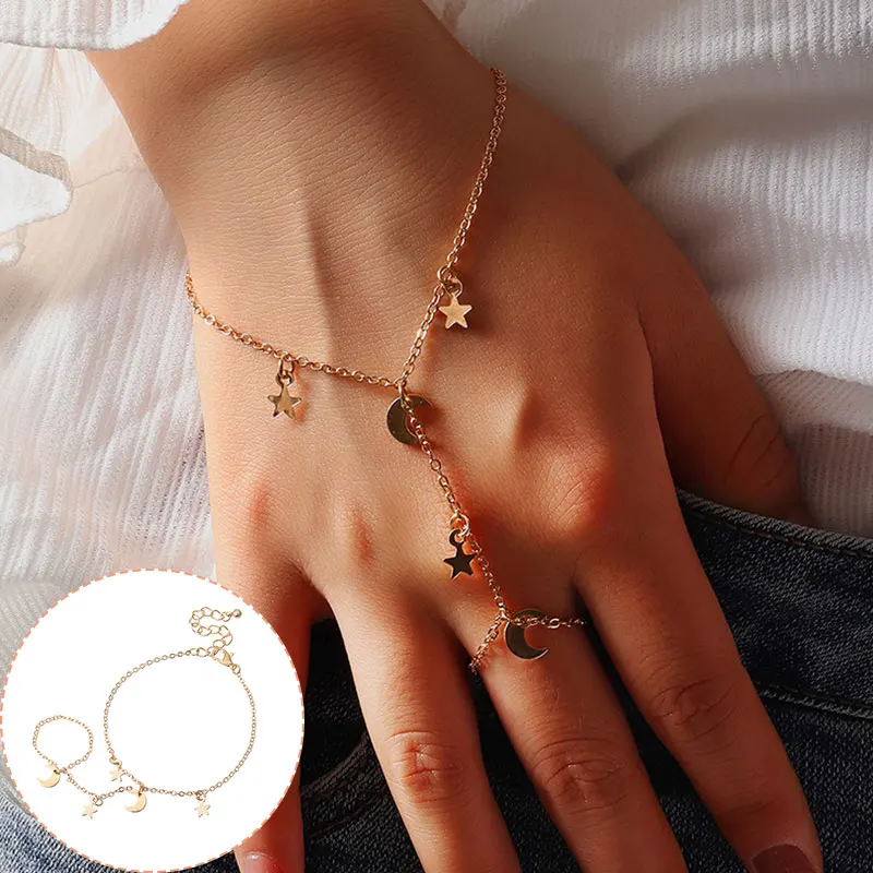 

Connected Finger Bracelets Cute Gift Exquisite Simple Hand Accessories Chain Girls Charm Bracelet Star Moon Pendant Bracelet 1PC