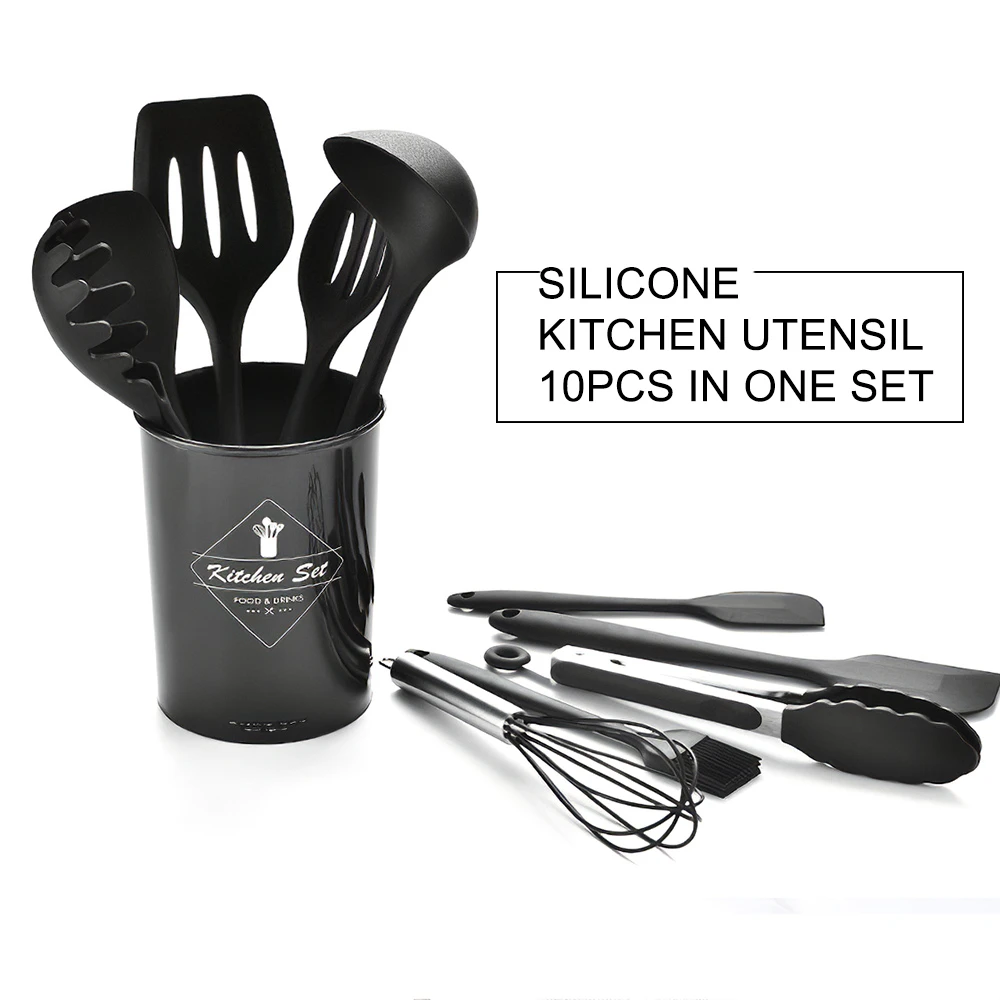 10pcs Kitchen Utensils Set Cooking Utensils Set Silicone Kitchen Tools Gadgets Wooden Spatula Set With Holder Box Hooks Utensil Sets Aliexpress