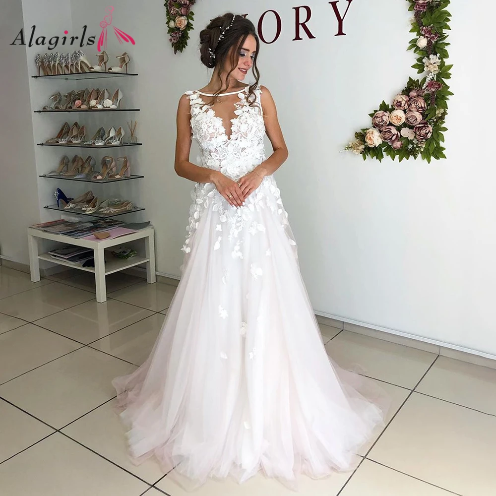 

3D Appliques tulle robes 2020 A-line tank v-neck white dress for women Simple backless vestidos de noiva plus size