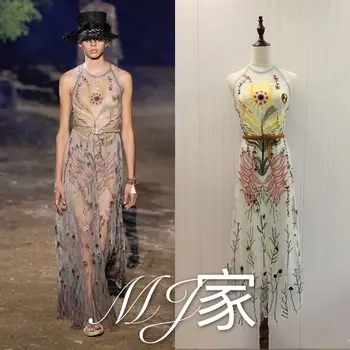 

New all over the sky star floral mesh gauze sleeveless neck temperament connect dress waist hit the ground