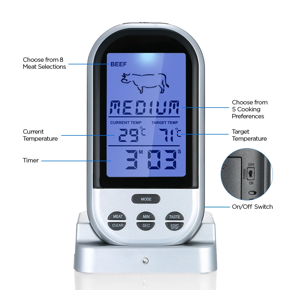 

Hot Wireless Meat Thermometer with LCD Display Backlight Countdown Function Digital Remote Cooking Thermoters for Kitchen Barbeq