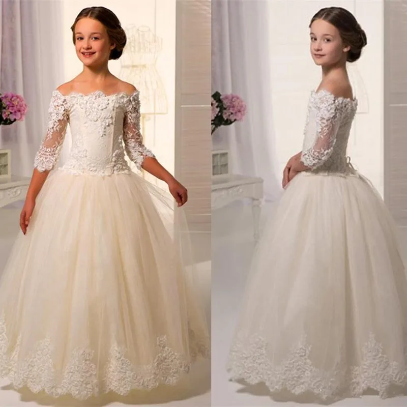 81 (1)New Girl Wedding Dresses Floor-Length Lace Sleeve Off-Shoulder Elegant Lovely Appliques Puffy Tulle Flower Girls' Dresses Princess