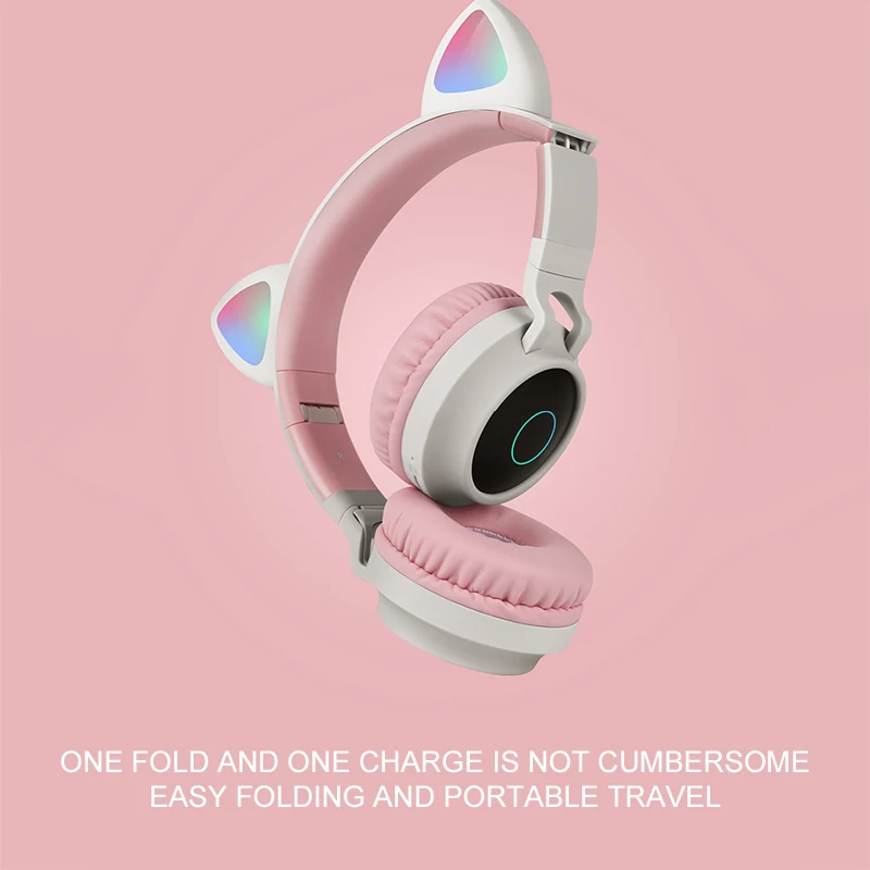 Cartoons Head Mounted Wireless Bluetooth Headphones Kid Pink Cat Ear Foldable Stereo Sound Luminous Headset Kids Earphone