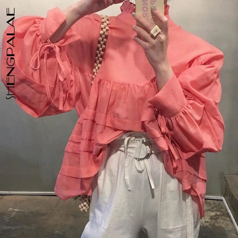 

SHENGPALAE 2019 Korean Fashion Loose Female Blouese Stand Collar Flare Sleeve Autumn Loose Big Women Casual Shirt Tide FT606