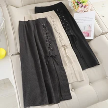 MUMUZI, женская вязаная длинная юбка, зимний теплый свитер, на шнуровке, макси юбки, миди, вязанные, женские, низ, бандажные юбки, осень
