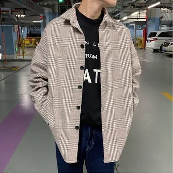 

2019 Autumn And Winter New Korean Men's Woolen Loose Long Sleeve Shirt Fashion Casual Plaid Shirt Jacket Khaki / Gray M-2XL