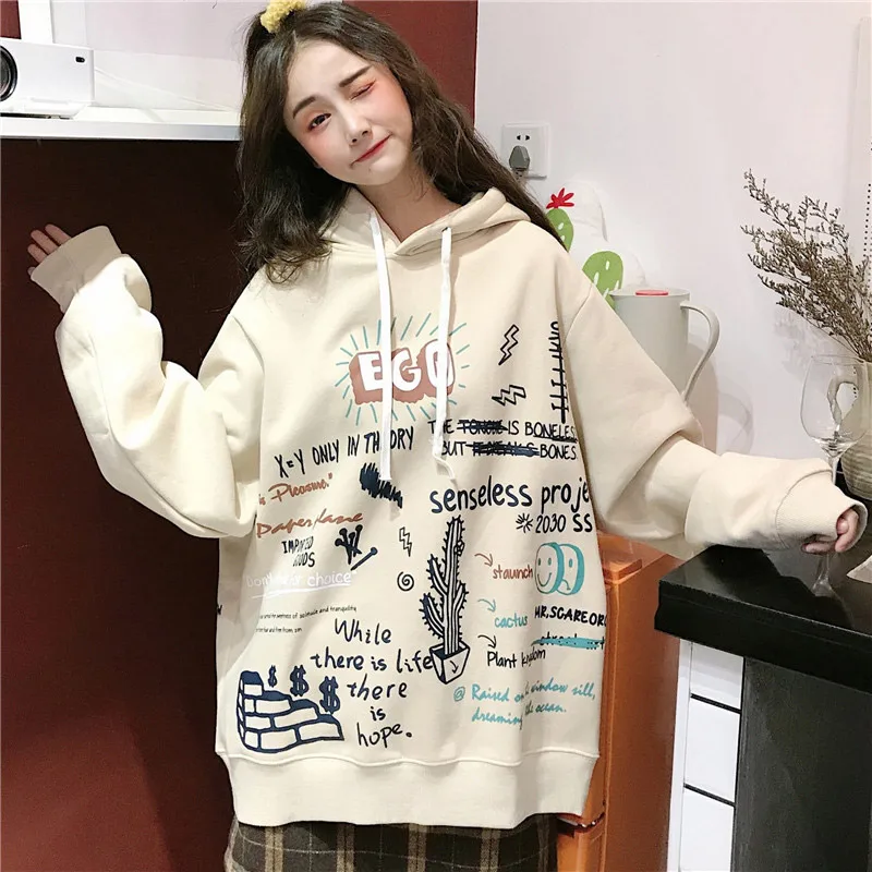 Graffiti Cactus Print Velvet Women Sweatshirt Hooded Hip Hop Korean Female Hoody Winter Loose Thicken Ladies Pullover Top