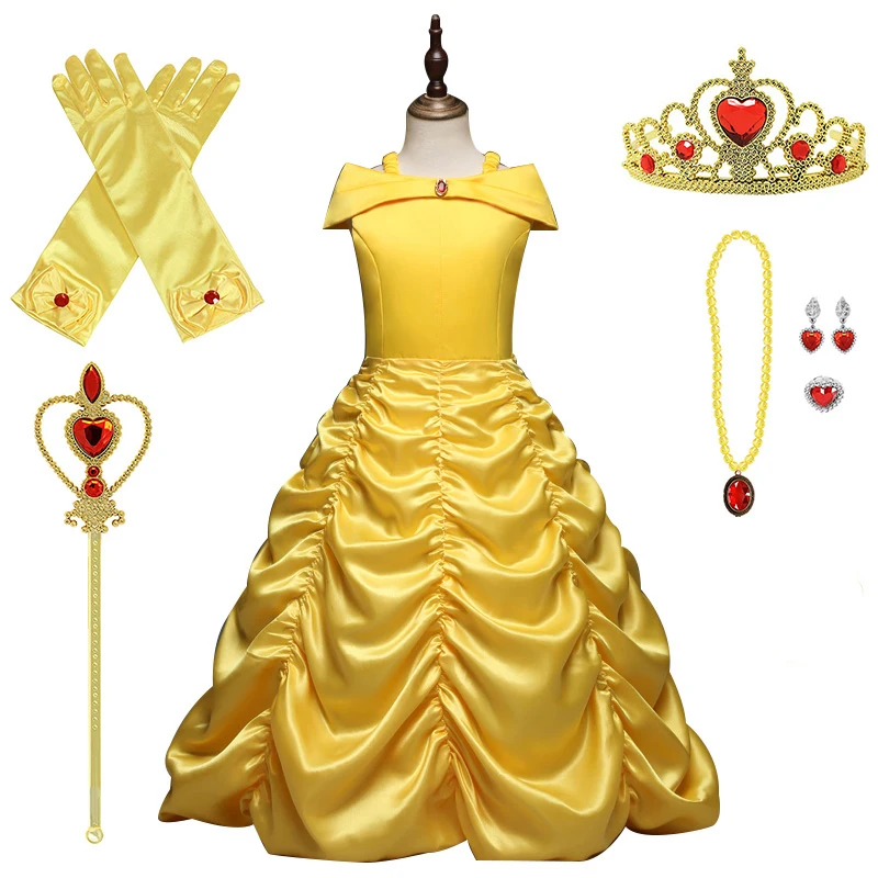 Princess Dress For Girls Cosplay Bell Snow Queen Elsa Costume Halloween Clothes Birthday Party Kids Dresses With Crown Set