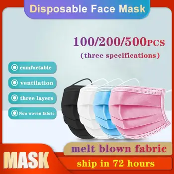 

100/200/500pcs Disposable Face Mask Nonwoven 3 Layer Filter Anti Dust Breathable Gauze Mask Adult Multicolor Face Mouth Masks