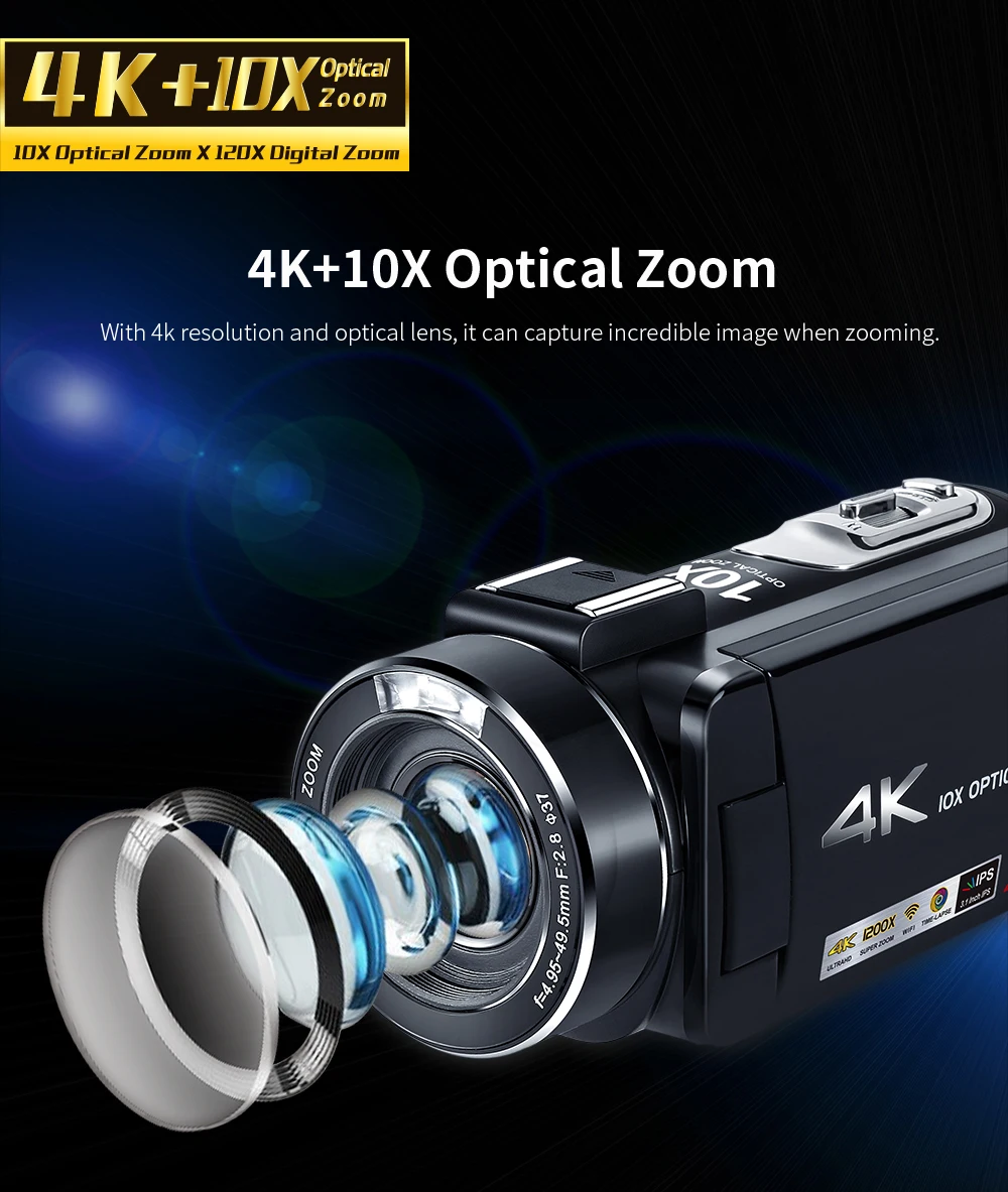 Ordro HDR-AC7 4K UHD видеокамера 10x оптический зум видеокамера 3,1 ''ips Wi-Fi камера рекордер поддержка микрофона широкоугольный объектив