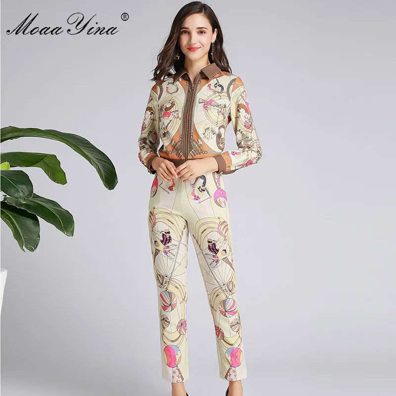 MoaaYina Fashion Designer Suit Spring Autumn Women Long sleeve Circus Print Zipper jacket Tops+Trousers Elegant Two-piece set