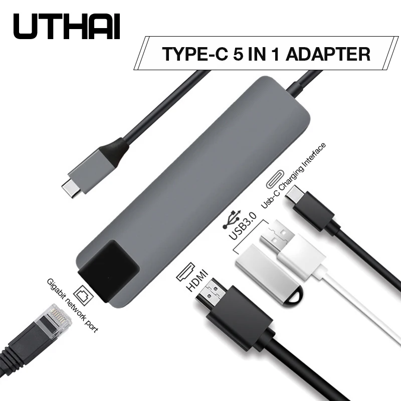 UTHAI J14 5в1 type-C адаптер HDMI 4K гигабитный сетевой конвертер для Macbook Pro Air PD Быстрая зарядка TF SD мультикардридер