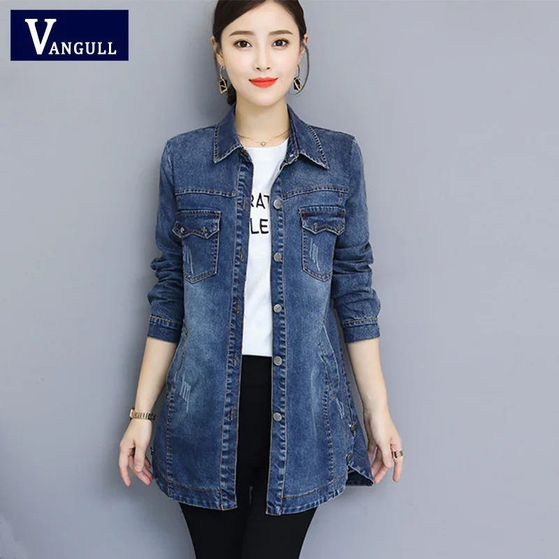 

Vangull 5XL Women Denim Jacket Elegant Long Sleeve Fashion Blue Tops Female Preppy Style Casual Plus Size Outwear Coat Split Hem