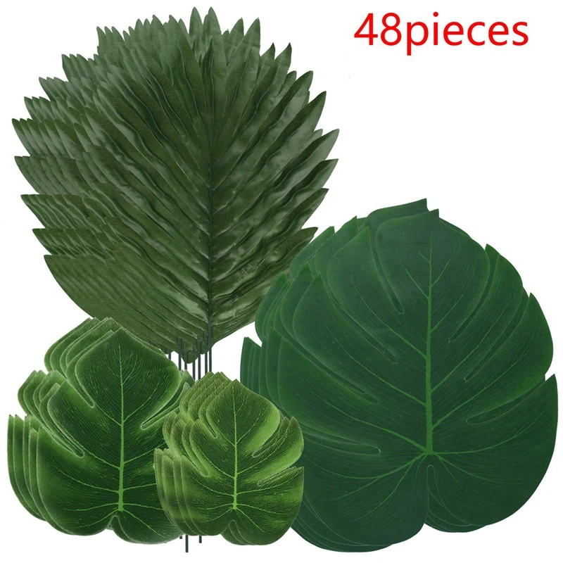 New-48PCS джунгли пляж тема украшения искусственные Пальмовые Листья и черепаха листьев папоротника растение со стволом для Гавайских Вечерние