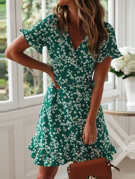 

Floral Print Wrap Mini Beach Dress Frill Short Sleeves Beach Wear Lingerie Cover Up Women Tunic Short Wrap Skirt Beach Cover Up