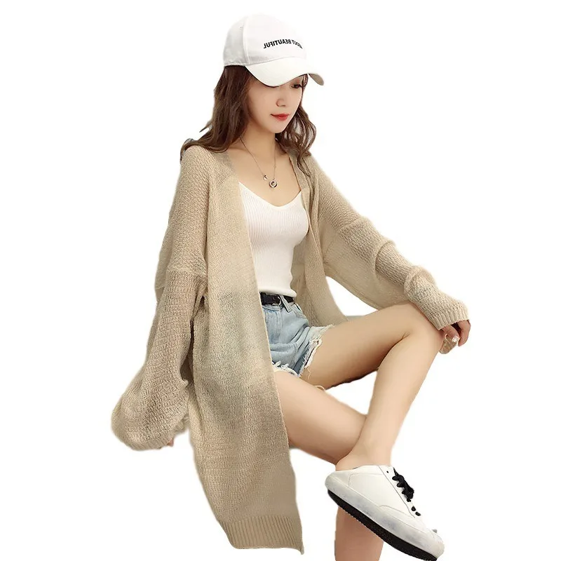 

Knit Sweater Women V-Neck Full Long Cardigans Regular Solid Medium and Long Thin Hollow Loose Sunscreen Clothes Female Shawl