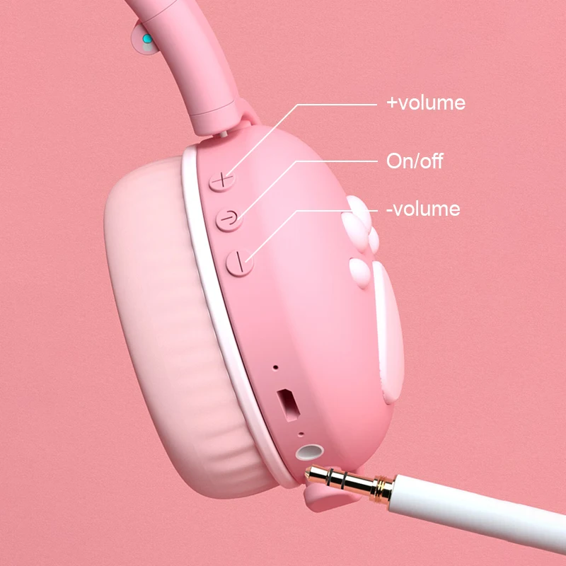 7 1 Flashing Light Cute Cat Bluetooth Wireless Headphone With Mic Foldable Music Girl Kid Earphone with bracelet Storage bag