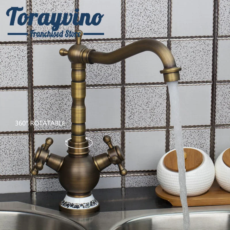 Поворотный кухонный кран Torayvino 360 с двойными ручками античный латунный Смеситель