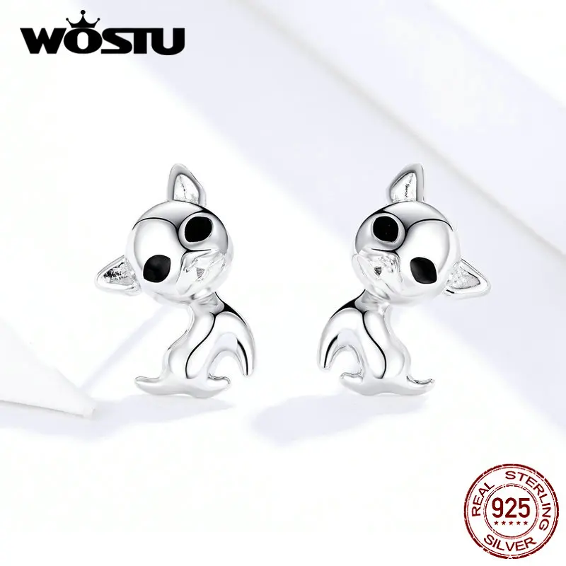 WOSTU 925 пробы серебряные милые серьги-гвоздики в виде Чихуахуа для женщин, серьги для помолвки, милые ювелирные изделия для девочек CQE758