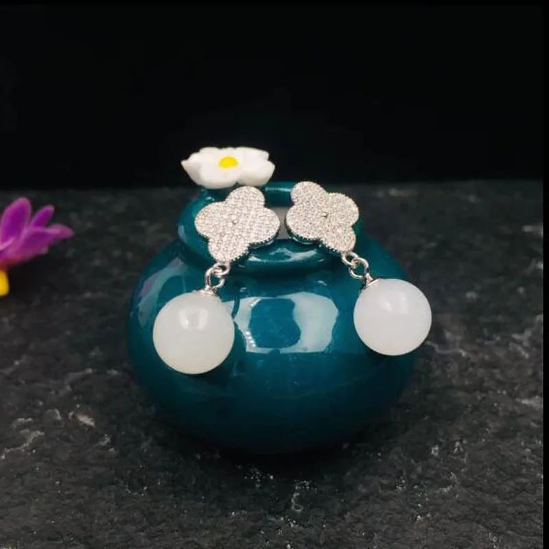 Аутентичные 925 серебро Хотан Белый нефрит инкрустированные серьги из циркона