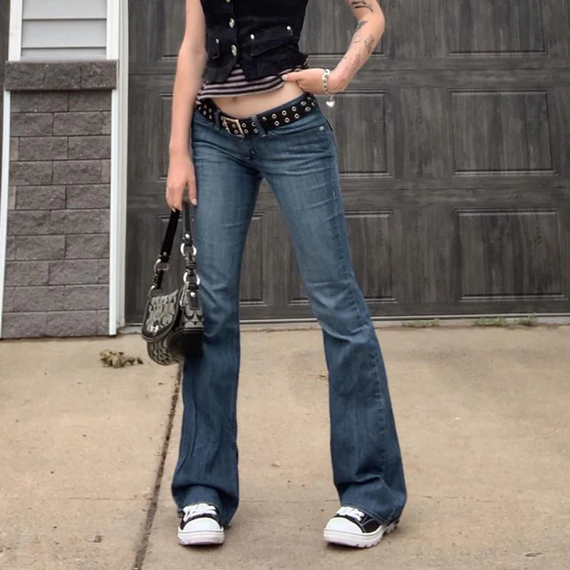 2000s Retro Low Rise Skinny Flared Pants y2k Women Jeans Long