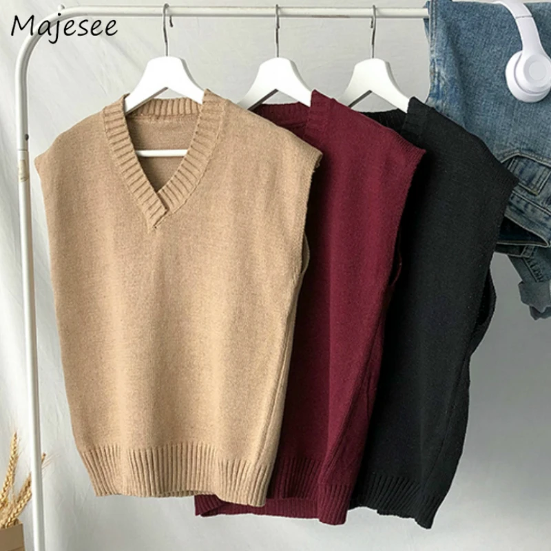 Suéter Chaleco de los hombres de talla grande 2XL primavera otoño Oversize Hombre chalecos liso Simple-Encuentro de cuello en V parejas Retro caqui suave Ulzzang