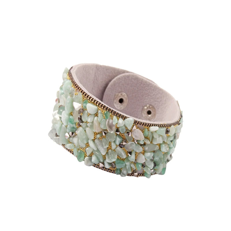 Каменные браслеты для женщин, обертывающиеся манжеты, кожаные браслеты с кристаллами, стразы, для пары, натуральные браслеты, ювелирные изделия - Окраска металла: green