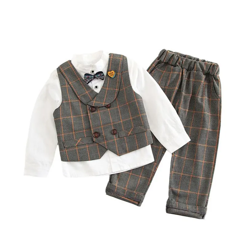 

High Quality Boys Clothing Set 2019 Autumn White Long Sleeve ShirtWith Bow+Plaid Double-breasted Vest Coat+Pant 3pc Boys Outfits