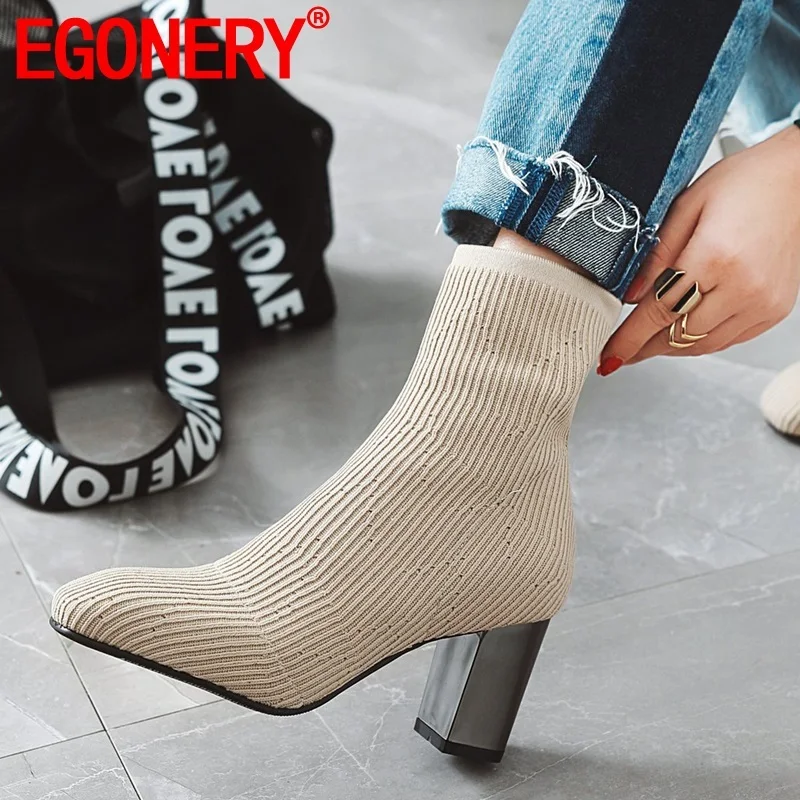 

EGONERY winter new fashion ankle boots outside high heels square toe stretch boots plus size office women shoes drop shipping