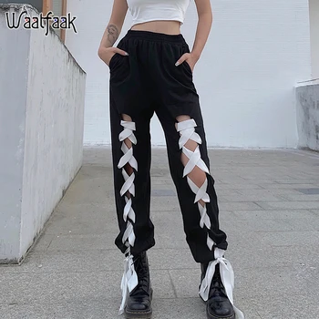 

Waatfaak Hollow Out Bandage Hippie Black Pants Women Autumn Gothic Fitness Harem Sweatpants Patchwork Cargo Pants Streetwear
