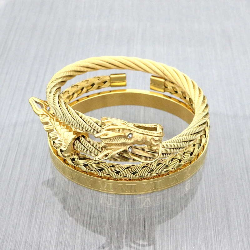 

3pcs/Set Hot Men Roman Numerals Bracelet Twisted Cable Cuff Bangle Bracelet Stainless Steel Dragon Bracelet For Men Punk Jewelry