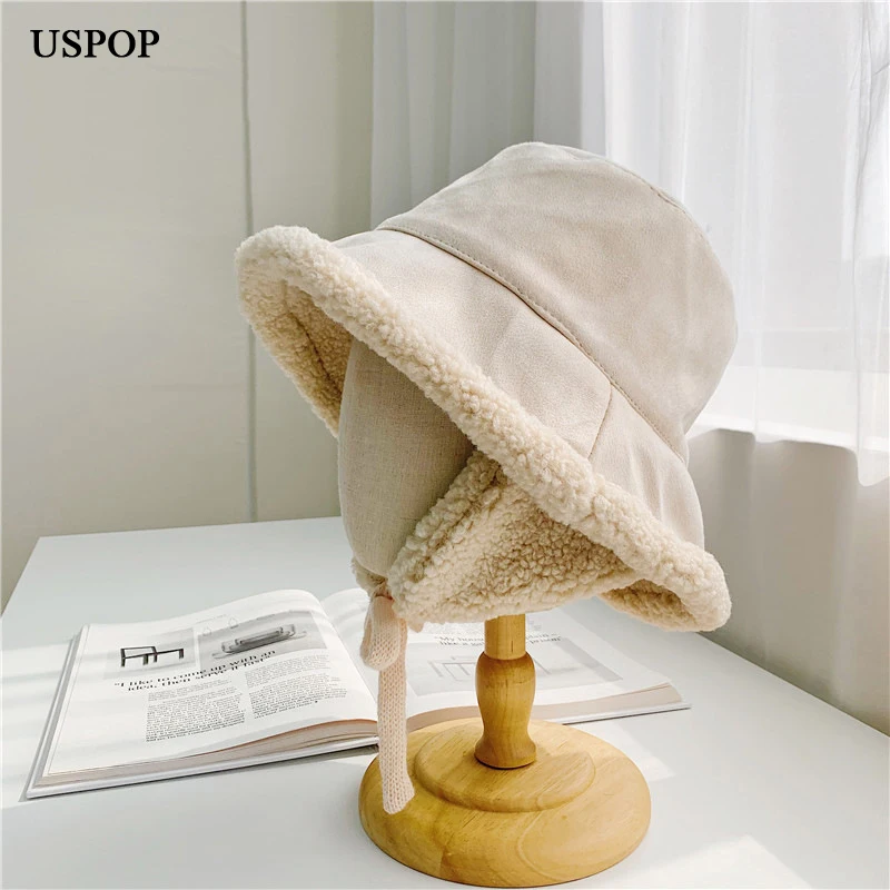 

USPOP New Winter hats Suede lamb wool thickened warm ear protection bucket hat Cute Panama Hats