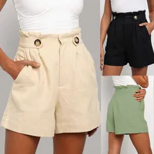 Novo verão feminino botão de tubo reto shorts casual sólida praia cintura alta plissado solto curto moda bolso feminino preto bege