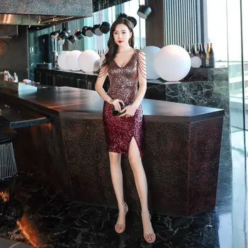 

2019 Shining Mermaid Evening Dresses Beaded Long Evening Gowns Abiye Robe De Soiree Party Dress Deep V Neck Sexy Dresses